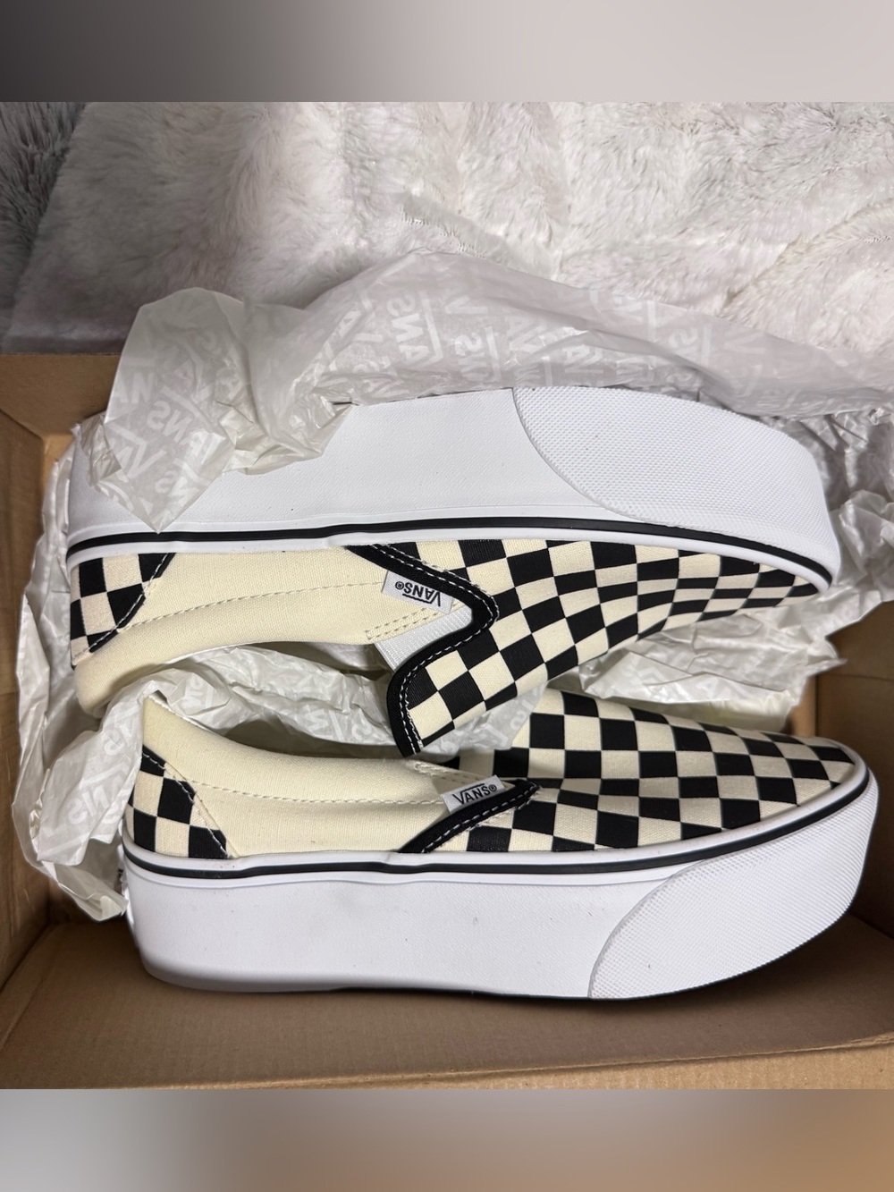 Vans Slip-On Checkerboard Platform Sneakers - Black & Cream NWT NIB